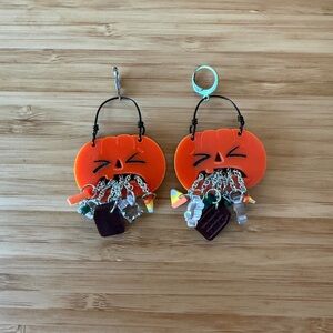 Halloween Handmade Barfing Pumpkin Bucket Charm Dangle Earrings Orange